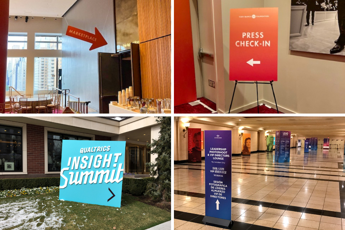 four types of event wayfinding signage that include arrows, special VIP directions and signs in multiple language