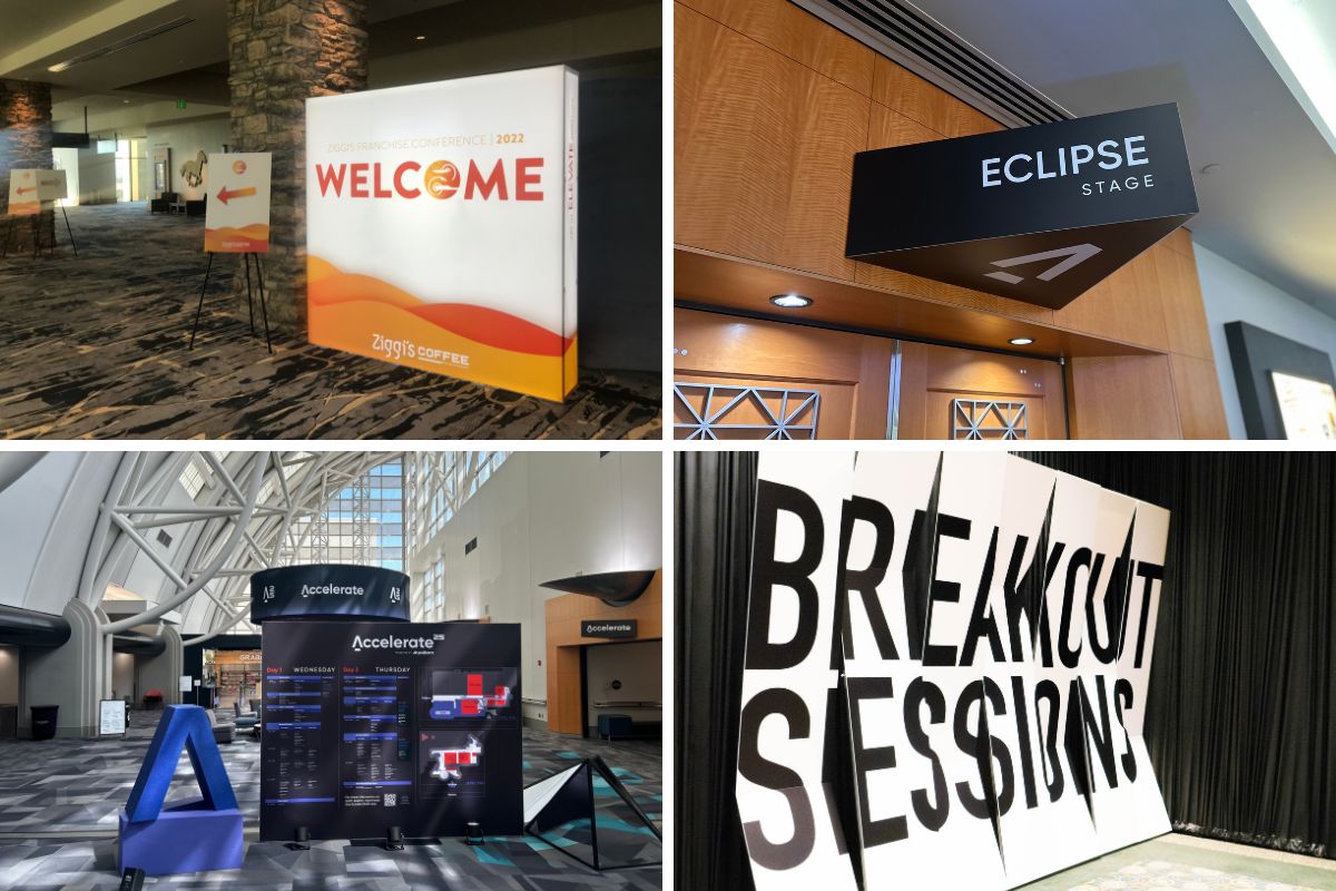 four images of various event wayfinding signage