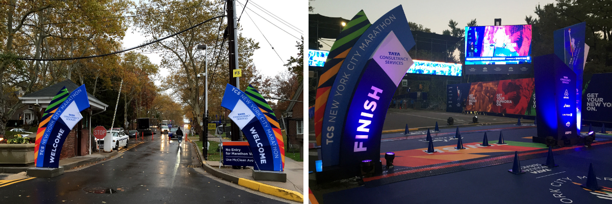 start and finish line of NYC marathon as event wayfinding signage