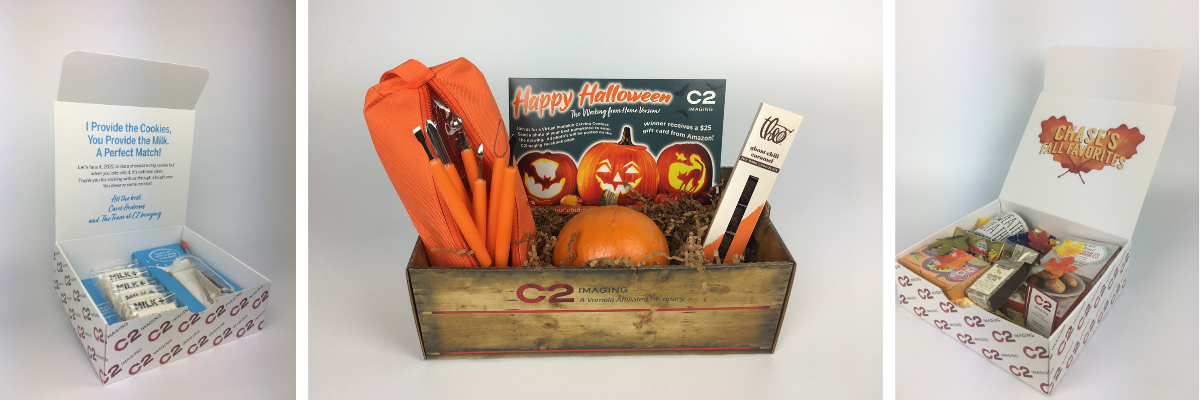 Examples of promotional boxes with branded items such as Halloween pumpkin carving kit, milk and cookies kit and a fall treats medley